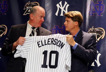 NEW YORK - JULY 20:  Army head coach Rich Ellerson and New York Yankees Managing General Partner Hal Steinbrenner pose for a photograph during a press conference announcing that Yankee Stadium will play host to the 2010 Notre Dame v Army college football game on July 19, 2009 at Yankee Stadium in the Bronx borough of New York City. The game is to be played on November 20, 2010.  (Photo by Jim McIsaac/Getty Images)