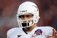 PASADENA, CA - JANUARY 07: Quarterback Colt McCoy #12 of the Texas Longhorns looks on before taking on the Alabama Crimson Tide in the Citi BCS National Championship game at the Rose Bowl on January 7, 2010 in Pasadena, California. (Photo by Jeff Gross/Getty Images)