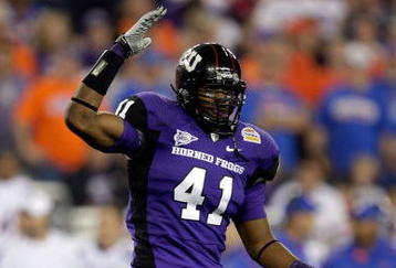 GLENDALE, AZ - JANUARY 04:  Daryl Washington #41 of the TCU Horned Frogs reacts against the Boise State Broncos during the Tostitos Fiesta Bowl at the Universtity of Phoenix Stadium on January 4, 2010 in Glendale, Arizona.  (Photo by Jamie Squire/Getty Images)