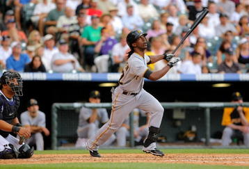 DENVER - AUGUST 13: Andrew McCutchen #22 of the Pittsburgh Pirates hits a run-scoring sacrifice fly in the fifth inning against the Colorado Rockies at Coors Field on August 13, 2009 in Denver, Colorado. (Photo by Doug Pensinger/Getty Images)