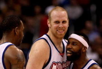 LOS ANGELES - JANUARY 6: Baron Davis #1, Chris Kaman #35, and Rasual Butler #45 of the Los Angeles Clippers celebrate during the game with the Los Angeles Lakers on January 6, 2010 at Staples Center in Los Angeles, California.  The Clippers won 102-91.   NOTE TO USER: User expressly acknowledges and agrees that, by downloading and/or using this Photograph, user is consenting to the terms and conditions of the Getty Images License Agreement. (Photo by Stephen Dunn/Getty Images)
