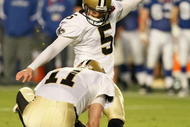 MIAMI GARDENS, FL - FEBRUARY 07: Garrett Hartley #5 of the New Orleans Saints kicks a field goal in the second quarter against the Indianapolis Colts during Super Bowl XLIV on February 7, 2010 at Sun Life Stadium in Miami Gardens, Florida. (Photo by Andy Lyons/Getty Images)