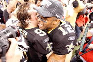 NEW ORLEANS - JANUARY 24: (L-R) Drew Brees #9 and Marques Colston #12 of the New Orleans Saints celebrate after the Saints 31-28 overtime win against the Minnesota Vikings during the NFC Championship Game at the Louisiana Superdome on January 24, 2010 in New Orleans, Louisiana. (Photo by Chris Graythen/Getty Images)