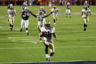 MIAMI GARDENS, FL - FEBRUARY 07: Tracy Porter #22 of the New Orleans Saints returns a interception for touchdown against of the Indianapolis Colts during Super Bowl XLIV on February 7, 2010 at Sun Life Stadium in Miami Gardens, Florida. (Photo by Ezra Shaw/Getty Images)