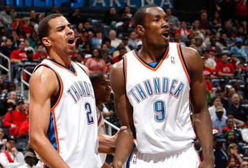 ATLANTA - JANUARY 18:  Thabo Sefolosha #2 and Serge Ibaka #9 of the Oklahoma City Thunder against the Atlanta Hawks at Philips Arena on January 18, 2010 in Atlanta, Georgia.  NOTE TO USER: User expressly acknowledges and agrees that, by downloading and/or using this Photograph, User is consenting to the terms and conditions of the Getty Images License Agreement.  (Photo by Kevin C. Cox/Getty Images)
