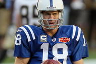 MIAMI GARDENS, FL - FEBRUARY 07:  Peyton Manning #18 of the Indianapolis Colts warms up before playing against the New Orleans Saints in Super Bowl XLIV on February 7, 2010 at Sun Life Stadium in Miami Gardens, Florida.  (Photo by Jed Jacobsohn/Getty Images)