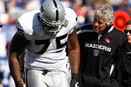 EAST RUTHERFORD, NJ - OCTOBER 11: Mario Henderson #75 of the Oakland Raiders walks off the field with an injury during the game against the New York Giants on October 11, 2009 at Giants Stadium in East Rutherford, New Jersey. (Photo by Jared Wickerham/Getty Images)