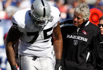 EAST RUTHERFORD, NJ - OCTOBER 11: Mario Henderson #75 of the Oakland Raiders walks off the field with an injury during the game against the New York Giants on October 11, 2009 at Giants Stadium in East Rutherford, New Jersey. (Photo by Jared Wickerham/Getty Images)