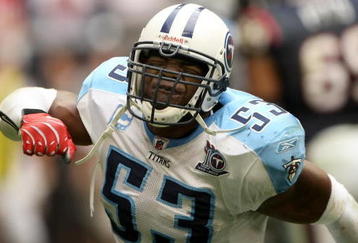 HOUSTON - DECEMBER 14:  Linebacker Keith Bullock #53 of the Tennessee Titans reacts to defeat in the closing seconds of the game with the Houston Texans on December 14, 2008 at Reliant Stadium in Houston, Texas.  The Texans won 13-12.  (Photo by Stephen Dunn/Getty Images)