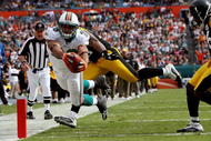 MIAMI - JANUARY 03:  Running back Lex Hilliard #26 of the Miami Dolphins dives for a touchdown past linebacker LaMarr Woodley #56 and Deshea Townsend #26 of the Pittsburgh Steelers at Land Shark Stadium on January 3, 2010 in Miami, Florida.  (Photo by Doug Benc/Getty Images)