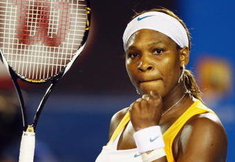 MELBOURNE, AUSTRALIA - JANUARY 30:  Serena Williams of the United States of America celebrates winning a point in her women's final match against Justine Henin of Belgium during day thirteen of the 2010 Australian Open at Melbourne Park on January 30, 2010 in Melbourne, Australia.  (Photo by Mark Dadswell/Getty Images)