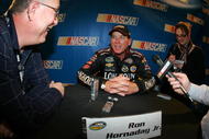 DAYTONA BEACH, FL - FEBRUARY 04: Ron Hornaday Jr., is interviewed during NASCAR media day at Daytona International Speedway on February 4, 2010 in Daytona Beach, Florida. (Photo by Todd Warshaw/Getty Images for NASCAR)