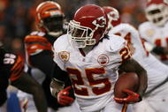 CINCINNATI - DECEMBER 27: Jamaal Charles #25 of the Kansas City Chiefs runs against the Cincinnati Bengals in their NFL game at Paul Brown Stadium December 27, 2009 in Cincinnati, Ohio.    (Photo by John Sommers II/Getty Images)