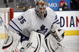 TORONTO - FEBRUARY 2: Jean-Sebastien Giguere #35 of the Toronto Maple Leafs guards the net during game action against the New Jersey Devils on February 2, 2010 at the Air Canada Centre in Toronto, Ontario, Canada. (Photo by Abelimages/Getty Images)