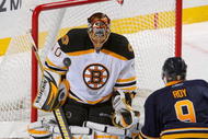 BUFFALO, NY - JANUARY 29: Tuukka Rask #40 of the Boston Bruins makes a save in front of Derek Roy #9 of the Buffalo Sabres  at HSBC Arena on January 29, 2010 in Buffalo, New York.  (Photo by Rick Stewart/Getty Images)