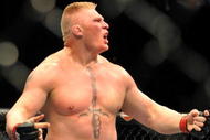 LAS VEGAS - JULY 11:  Brock Lesnar reacts after knocking out Frank Mir during their heavyweight title bout during UFC 100 on July 11, 2009 in Las Vegas, Nevada.  (Photo by Jon Kopaloff/Getty Images)