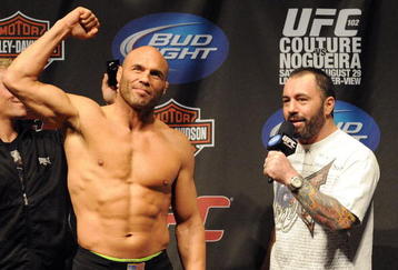 PORTLAND, OR - AUGUST 28: UFC heavyweight fighter Randy Couture (L) is interviewed by UFC commentator Joe Rogan at the UFC 102: Couture vs. Nogueira Weigh-In at the Rose Garden Arena on August 28, 2009 in Portland, Oregon. (Photo by Jon Kopaloff/Getty Images)
