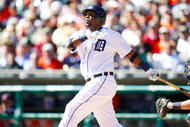 DETROIT - OCTOBER 1:  Marcus Thames #33 of the Detroit Tigers singles to center but advances to second on a fielding error by Delmon Young #21 of the Minnesota Twins in the second inning during the game on October 1, 2009 at Comerica Park in Detroit, Michigan. (Photo by Gregory Shamus/Getty Images)