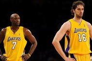 LOS ANGELES, CA - NOVEMBER 19:  (L-R) Lamar Odom #7 and Pau Gasol #16 of the Los Angeles Lakers stand on the court during the game against the Chicago Bulls on November 19, 2009 at Staples Center in Los Angeles, California.  NOTE TO USER: User expressly acknowledges and agrees that, by downloading and/or using this Photograph, User is consenting to the terms and conditions of the Getty Images License Agreement.   (Photo by Harry How/Getty Images)