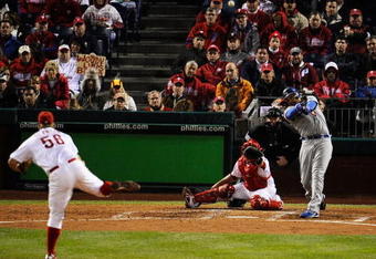PHILADELPHIA - OCTOBER 19:  Matt Kemp #27 of the Los Angeles Dodgers hits a solo home run in the top of the fifth inning against of the Philadelphia Phillies in Game Four of the NLCS during the 2009 MLB Playoffs at Citizens Bank Park on October 19, 2009 in Philadelphia, Pennsylvania.  (Photo by Jeff Zelevansky/Getty Images)