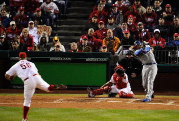 PHILADELPHIA - OCTOBER 19:  Matt Kemp #27 of the Los Angeles Dodgers hits a solo home run in the top of the fifth inning against of the Philadelphia Phillies in Game Four of the NLCS during the 2009 MLB Playoffs at Citizens Bank Park on October 19, 2009 in Philadelphia, Pennsylvania.  (Photo by Jeff Zelevansky/Getty Images)