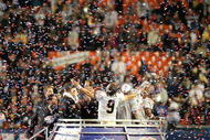 MIAMI GARDENS, FL - FEBRUARY 07:  Drew Brees #9 of the New Orleans Saints celebrates after defeating the Indianapolis Colts during Super Bowl XLIV on February 7, 2010 at Sun Life Stadium in Miami Gardens, Florida.  (Photo by Jed Jacobsohn/Getty Images)