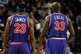 OAKLAND, CA - JANUARY 11:  LeBron James #23 and Shaquille O'Neal #33 of the Cleveland Cavaliers stand on the court during their game against the Golden State Warriors at Oracle Arena on January 11, 2010 in Oakland, California.  NOTE TO USER: User expressly acknowledges and agrees that, by downloading and/or using this Photograph, user is consenting to the terms and conditions of the Getty Images License Agreement.  (Photo by Ezra Shaw/Getty Images)
