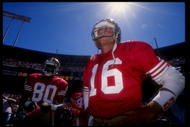 16 Sep 1990:  San Francisco 49ers wide receiver Jerry Rice (left) and quarterback Joe Montana look on during a game against the Washington Redskins at RFK Stadium in Washington, D. C.  The 49ers won the game, 26-13. Mandatory Credit: Mike Powell  /Allspor