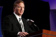 FORT LAUDERDALE, FL - FEBRUARY 08: NFL Commissioner Roger Goodell speaks during the Super Bowl Champion Coach Press Conference at the Fort Lauderdale Convention Center on February 8, 2010 in Fort Lauderdale, Florida. (Photo by Doug Benc/Getty Images)