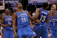 LOS ANGELES, CA - NOVEMBER 11:  Kevin Durant #35 of  the Oklahoma City Thunder celebrates with James Harden #13 after his basket gave the Thunder the lead for good with 38 seconds remaining in the game with  the Los Angeles Clippers on November 11, 2009 at Staples Center in Los Angeles, California.   The Thunder won 83-79.   NOTE TO USER: User expressly acknowledges and agrees that, by downloading and/or using this Photograph, user is consenting to the terms and conditions of the Getty Images License Agreement.  (Photo by Stephen Dunn/Getty Images)