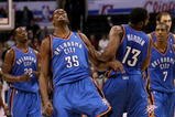 LOS ANGELES, CA - NOVEMBER 11:  Kevin Durant #35 of  the Oklahoma City Thunder celebrates with James Harden #13 after his basket gave the Thunder the lead for good with 38 seconds remaining in the game with  the Los Angeles Clippers on November 11, 2009 at Staples Center in Los Angeles, California.   The Thunder won 83-79.   NOTE TO USER: User expressly acknowledges and agrees that, by downloading and/or using this Photograph, user is consenting to the terms and conditions of the Getty Images License Agreement.  (Photo by Stephen Dunn/Getty Images)