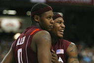 ATLANTA - MARCH 13:  Jeff Allen #0 and  J.T. Thompson #33 of the Virginia Tech Hokies celebrate against the North Carolina Tar Heels during day two of the 2009 ACC Men's Basketball Tournament on March 13, 2009 at the Georgia Dome in Atlanta, Georgia.  (Photo by Kevin C. Cox/Getty Images)