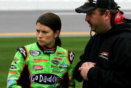 DAYTONA BEACH, FL - FEBRUARY 05: Danica Patrick (L), driver of the #7 GoDaddy.com Chevrolet, talks with crew chief Tony Eury Jr. (R), during qualifying for the ARCA Racing Series Lucas Oil Slick Mist 200 at Daytona International Speedway on February 5, 2010 in Daytona Beach, Florida. (Photo by Todd Warshaw/Getty Images)