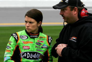 DAYTONA BEACH, FL - FEBRUARY 05:  Danica Patrick (L), driver of the #7 GoDaddy.com Chevrolet, talks with crew chief Tony Eury Jr. (R), during qualifying for the ARCA Racing Series Lucas Oil Slick Mist 200 at Daytona International Speedway on February 5, 2010 in Daytona Beach, Florida.  (Photo by Todd Warshaw/Getty Images)
