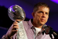 FORT LAUDERDALE, FL - FEBRUARY 08:  Head coach Sean Payton of the New Orleans Saints holds the Vince Lombardi Trophy during Super Bowl Champion Coach Press Conference at the Fort Lauderdale Convention Center on February 8, 2010 in Fort Lauderdale, Florida.  (Photo by Doug Benc/Getty Images)