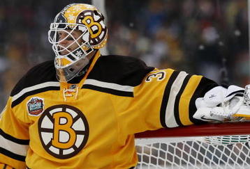 BOSTON - JANUARY 01:  Tim Thomas #30 of the Boston Bruins looks on from the net before the game against the Philadelphia Flyers during the 2010 Bridgestone Winter Classic at Fenway Park on January 1, 2010 in Boston, Massachusetts. The Boston Bruins defeated the Philadelphia Flyers 2-1 in overtime.  (Photo by Elsa/Getty Images)