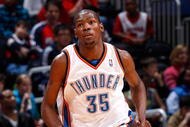 ATLANTA - JANUARY 18: Kevin Durant #35 of the Oklahoma City Thunder against the Atlanta Hawks at Philips Arena on January 18, 2010 in Atlanta, Georgia. NOTE TO USER: User expressly acknowledges and agrees that, by downloading and/or using this Photograph, User is consenting to the terms and conditions of the Getty Images License Agreement. (Photo by Kevin C. Cox/Getty Images)