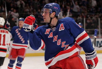 NEW YORK - FEBRUARY 06:  Ryan Callahan #24 of the New York Rangers celebrates team mates Marian Gaborik goal against the New Jersey Devils during their game on February 6, 2010 at Madison Square Garden in New York City.  (Photo by Chris McGrath/Getty Images)