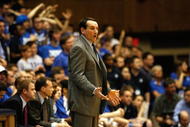 DURHAM, NC - FEBRUARY 11:  Head coach Mike Krzyzewski of the Duke Blue Devils looks on during the game against the North Carolina Tar Heels on February 11, 2009 at Cameron Indoor Stadium in Durham, North Carolina.  (Photo by Kevin C. Cox/Getty Images)
