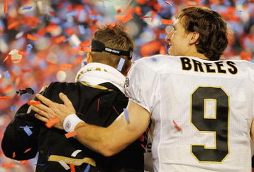 MIAMI GARDENS, FL - FEBRUARY 07: Drew Brees #9 of the New Orleans Saints hugs head coach Sean Payton after defeating the Indianapolis Colts during Super Bowl XLIV on February 7, 2010 at Sun Life Stadium in Miami Gardens, Florida.  (Photo by Jonathan Daniel/Getty Images)