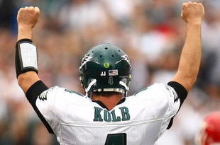 PHILADELPHIA - SEPTEMBER 27: Kevin Kolb #4 of the Philadelphia Eagles celebrates a touchdown against the Kansas City Chiefs on September 27, 2009 at Lincoln Financial Field in Philadelphia, Pennsylvania.  (Photo by Chris McGrath/Getty Images)