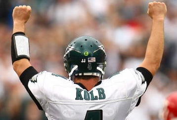 PHILADELPHIA - SEPTEMBER 27: Kevin Kolb #4 of the Philadelphia Eagles celebrates a touchdown against the Kansas City Chiefs on September 27, 2009 at Lincoln Financial Field in Philadelphia, Pennsylvania.  (Photo by Chris McGrath/Getty Images)