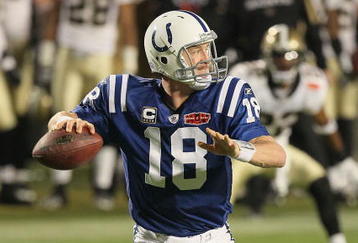 MIAMI GARDENS, FL - FEBRUARY 07:  Peyton Manning #18 of the Indianapolis Colts passes against the New Orleans Saints during Super Bowl XLIV on February 7, 2010 at Sun Life Stadium in Miami Gardens, Florida.  (Photo by Jed Jacobsohn/Getty Images)