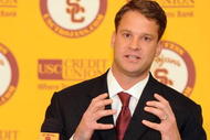 LOS ANGELES, CA - JANUARY 13: New head coach of the USC Trojans Lane Kiffin speaks to the media during a press conference at Heritage Hall January 13, 2010 in Los Angeles, California. (Photo by Harry How/Getty Images)