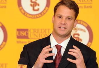 LOS ANGELES, CA - JANUARY 13:  New head coach of the USC Trojans Lane Kiffin speaks to the media during a press conference at Heritage Hall January 13, 2010 in Los Angeles, California.  (Photo by Harry How/Getty Images)