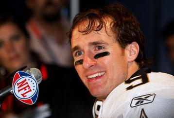 MIAMI GARDENS, FL - FEBRUARY 07:  Drew Brees #9 of the New Orleans Saints speaks in a press conference after defeating the Indianapolis Colts during Super Bowl XLIV on February 7, 2010 at Sun Life Stadium in Miami Gardens, Florida.  (Photo by Scott Boehm/Getty Images)