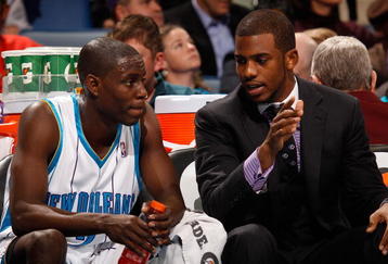 NEW ORLEANS - FEBRUARY 01: Darren Collison #2 and Chris Paul #3 of the New Orleans Hornets sit on the bench during the game against the Phoenix Suns at the New Orleans Arena on February 1, 2010 in New Orleans, Louisiana.  NOTE TO USER: User expressly acknowledges and agrees that, by downloading and/or using this Photograph, User is consenting to the terms and conditions of the Getty Images License Agreement.  (Photo by Chris Graythen/Getty Images)