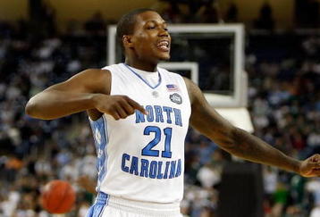 DETROIT - APRIL 06:  Deon Thompson #21 of the North Carolina Tar Heels reacts while taking on the Michigan State Spartans during the 2009 NCAA Division I Men's Basketball National Championship game at Ford Field on April 6, 2009 in Detroit, Michigan.  (Photo by Streeter Lecka/Getty Images)