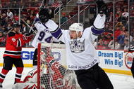 NEWARK, NJ - JANUARY 31: Brad Richardson #15 of the Los Angeles Kings celebrates his teams second goal against the New Jersey Devils at the Prudential Center on January 31, 2010 in Newark, New Jersey. The Kings defeated the Devils 3-2. (Photo by Jim McIsaac/Getty Images)