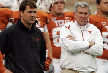 AUSTIN, TX - OCTOBER 10:  Defensive coordinator Will Muschamp and head coach Mack Brown of the Texas Longhorns lead their team in pregame drills before playing the Colorado Buffaloes  on October 10, 2009 at Darrell K Royal-Texas Memorial Stadium in Austin, Texas.  Texas won 38-14.  (Photo by Brian Bahr/Getty Images)